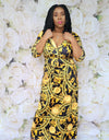 ELEGANT BLACK AND GOLD MEDALLION MAXI DRESS WITH BELT