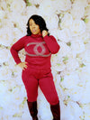 BURGUNDY COZY TURTLENECK CC RHINESTONES SWEATSUIT