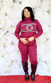 BURGUNDY COZY TURTLENECK CC RHINESTONES SWEATSUIT