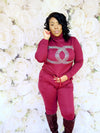 BURGUNDY COZY TURTLENECK CC RHINESTONES SWEATSUIT