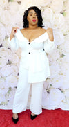 BOSS LADY WHITE OFF-SHOULDER WITH BUTTONS PANT SET