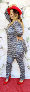 "A NEW YEAR VIBE " GOLD SPLIT TURTLENECK LONG SLEEVE DESIGNER PRINT PANTS SUIT