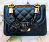 BLACK QUILTED PATENT LEATHER CLUTCH WITH GOLD BUCKLE