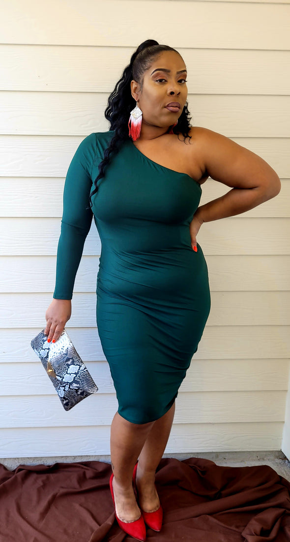 SEXY SISTAH HUNTER GREEN ONE-SHOULDER DRESS