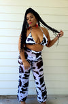 COW PRINT THREE PIECE BIKINI AND COVER UP PANTS